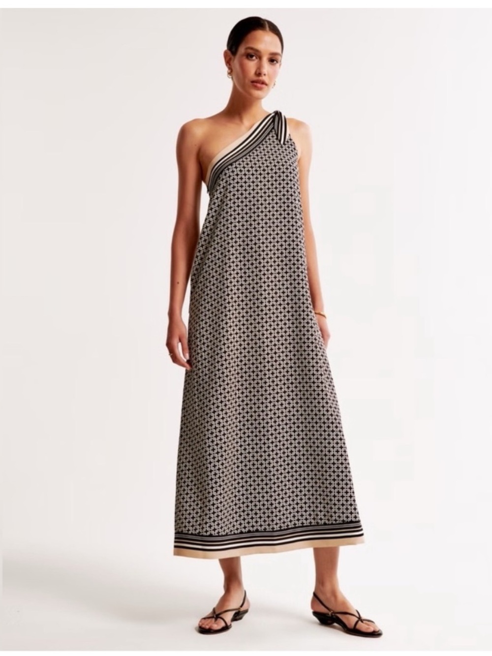 Abercrombie & Fitch One-Shoulder Black and Cream Patterned Maxi Dress